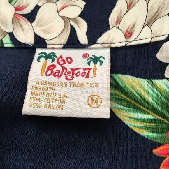 GO Barefoot Shirt Vintage Hawaiian Floral Tiki Cotton Rayon Blend Colourful - Picture 7 of 10